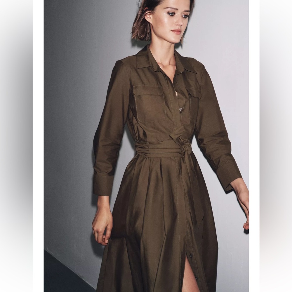 Zara Chocolate Brown Midi Shirt Dress with Tie Waist - Picture 7 of 12